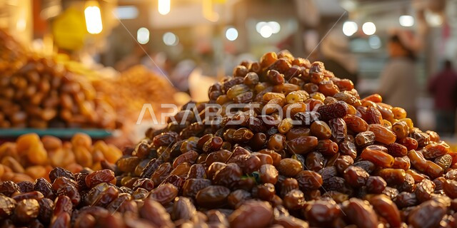 لقطة مقربة لسوق نابض بالحياة يعرض كومة من التمور.