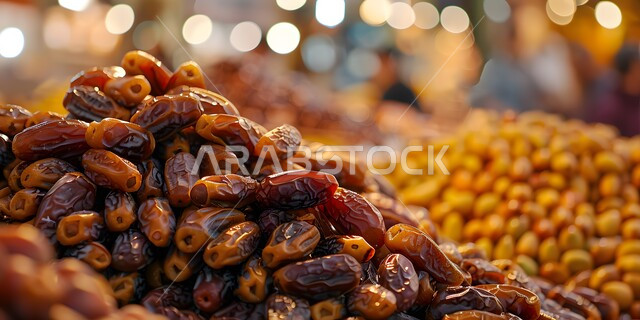 لقطة مقربة لسوق نابض بالحياة يعرض كومة من التمور.