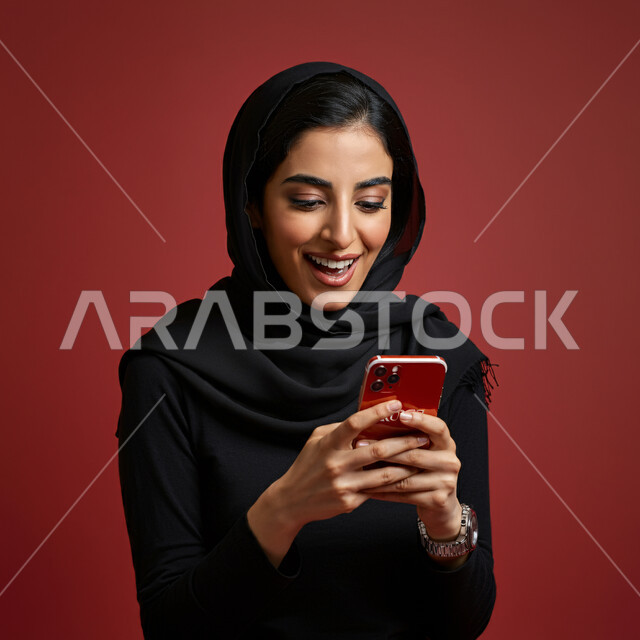 التسوق الإلكتروني عبر التطبيقات، بورتريه مقرب لسيدة عربية خليجية سعودية محجبة مبتسمة تحمل بيدها الهاتف المحمول، قضاء اوقات ممتعة بتبادل الاخبار والأحاديث, التواصل والاطمئنان على الأصدقاء, تعابير الفرح عند سماع الاخبار السارة