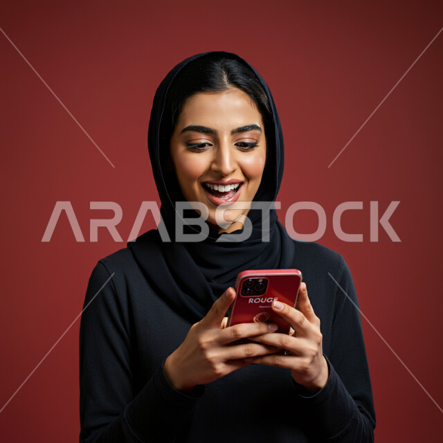 التسوق الإلكتروني عبر التطبيقات، بورتريه مقرب لسيدة عربية خليجية سعودية محجبة مبتسمة تحمل بيدها الهاتف المحمول، قضاء اوقات ممتعة بتبادل الاخبار والأحاديث, التواصل والاطمئنان على الأصدقاء, تعابير الفرح عند سماع الاخبار السارة