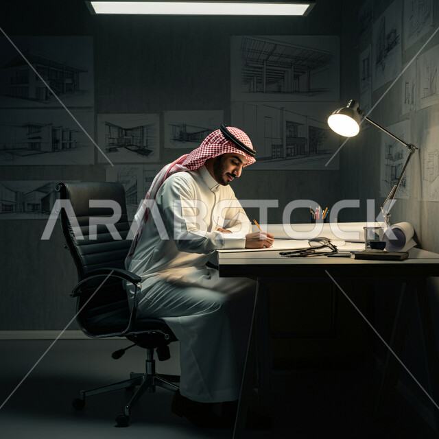 ادارة مهام العمل اليومية في مقر الشركة، مهن ووظائف سعودية، استخدام الاجهزة التقنية الحديثة، رجل عربي خليجي سعودي يرتدي الزي التقليدي يجلس في مكتبه يعمل على جهاز الحاسوب المحمول، تطوير خطط وآليه العمل, مهن ووظائف سعودية, دمج العمل مع التكنولوجيا