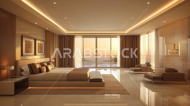 غرفة نوم باللون البيج بتصاميم عصرية, التصميم الداخلي للمنازل والبيوت على الطراز الحديث، أثاث واكسسوارات منزلية داخلية أنيقة، شقق وفلل سكنية فاخرة، فنادق ومنتجعات بديكورات راقية في المملكة العربية السعودية، واجهات زجاجية كبيرة