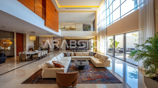 الديكورات الداخلية الراقية للفلل والشقق السكنية الحديثة في المملكة العربية السعودية، التصاميم الداخلية المميزة لغرف المعيشة، غرفة جلوس مع أثاث منزلي فاخر باللون الأبيض، اكسسوارات وتحف عصرية