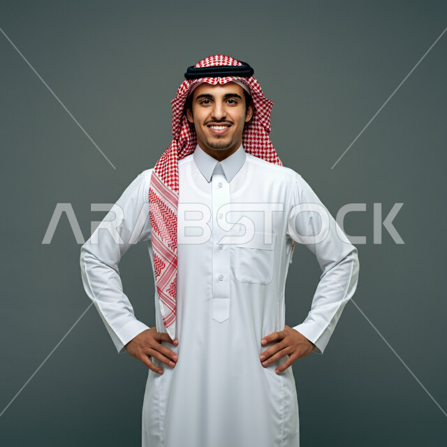الرجولة والقوة والثقة بالنفس، بورتريه مقرب لرجل عربي خليجي سعودي مبتسم يرتدي الشماغ والثوب التقليدي ينظر إلى الكاميرا بإيماءات السرور والفرح يضع يده على خصره، مفهوم الاهتمام في المظهر الخارجي، خلفيه رمادية