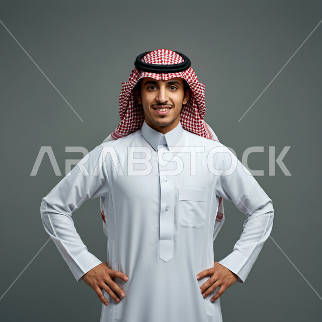 الرجولة والقوة والثقة بالنفس، بورتريه مقرب لرجل عربي خليجي سعودي مبتسم يرتدي الشماغ والثوب التقليدي ينظر إلى الكاميرا بإيماءات السرور والفرح يضع يده على خصره، مفهوم الاهتمام في المظهر الخارجي، خلفيه رمادية