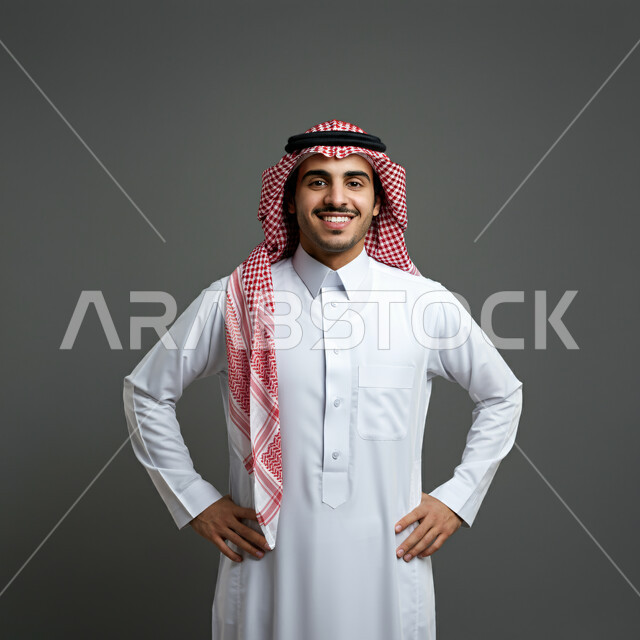 الرجولة والقوة والثقة بالنفس، بورتريه مقرب لرجل عربي خليجي سعودي مبتسم يرتدي الشماغ والثوب التقليدي ينظر إلى الكاميرا بإيماءات السرور والفرح يضع يده على خصره، مفهوم الاهتمام في المظهر الخارجي، خلفيه رمادية