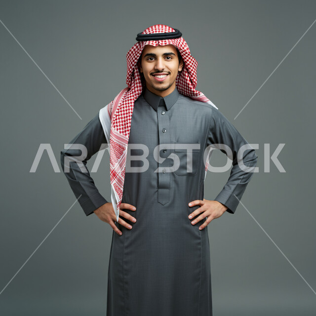 الرجولة والقوة والثقة بالنفس، بورتريه مقرب لرجل عربي خليجي سعودي مبتسم يرتدي الشماغ والثوب التقليدي ينظر إلى الكاميرا بإيماءات السرور والفرح يضع يده على خصره، مفهوم الاهتمام في المظهر الخارجي، خلفيه رمادية