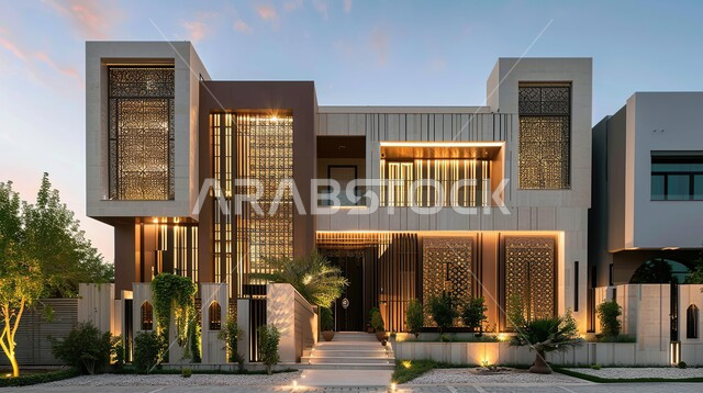 Modern designs for luxury resorts illuminated at night, urban growth and progress in the Kingdom of Saudi Arabia, modern architectural art, residential buildings and houses, distinguished villas and hotels, interest in afforestation and planting green plants