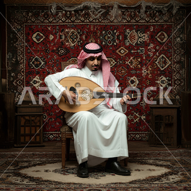 فنان يقدم البرامج والفنون الموسيقية والفن المسرحي، مواهب فنية موسيقية، بورتريه مقرب لرجل خليجي سعودي عربي يرتدي الزي التقليدي يعزف على الة العود، الإستمتاع بالعزف على الآلات الوترية الكلاسيكية، جلسة وناسة وطرب، ممارسة الهوايات الفنية