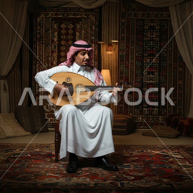 فنان يقدم البرامج والفنون الموسيقية والفن المسرحي، مواهب فنية موسيقية، بورتريه مقرب لرجل خليجي سعودي عربي يرتدي الزي التقليدي يعزف على الة العود، الإستمتاع بالعزف على الآلات الوترية الكلاسيكية، جلسة وناسة وطرب، ممارسة الهوايات الفنية