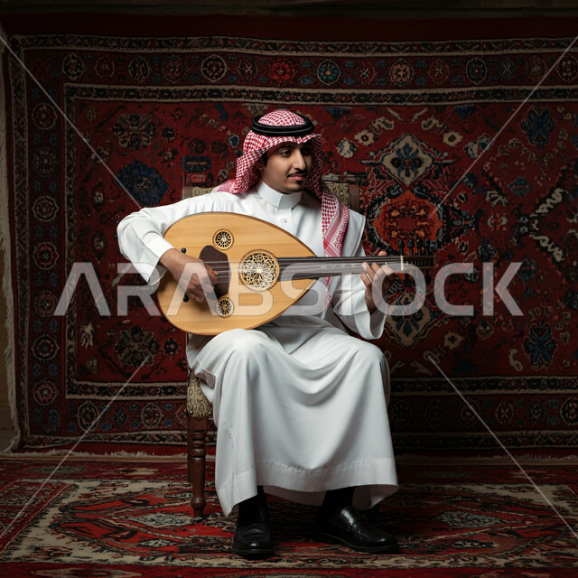فنان يقدم البرامج والفنون الموسيقية والفن المسرحي، مواهب فنية موسيقية، بورتريه مقرب لرجل خليجي سعودي عربي يرتدي الزي التقليدي يعزف على الة العود، الإستمتاع بالعزف على الآلات الوترية الكلاسيكية، جلسة وناسة وطرب، ممارسة الهوايات الفنية