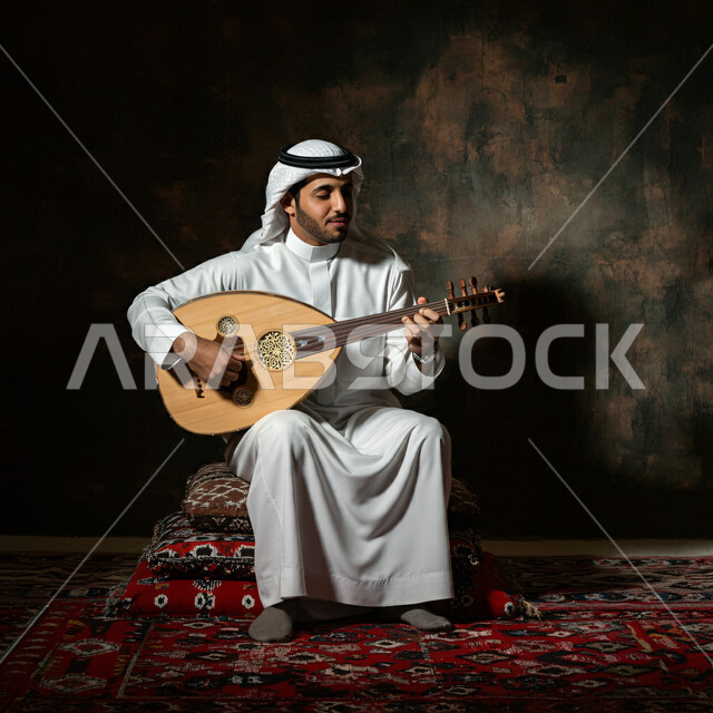 فنان يقدم البرامج والفنون الموسيقية والفن المسرحي، مواهب فنية موسيقية، بورتريه مقرب لرجل خليجي سعودي عربي يرتدي الزي التقليدي يعزف على الة العود، الإستمتاع بالعزف على الآلات الوترية الكلاسيكية، جلسة وناسة وطرب، ممارسة الهوايات الفنية