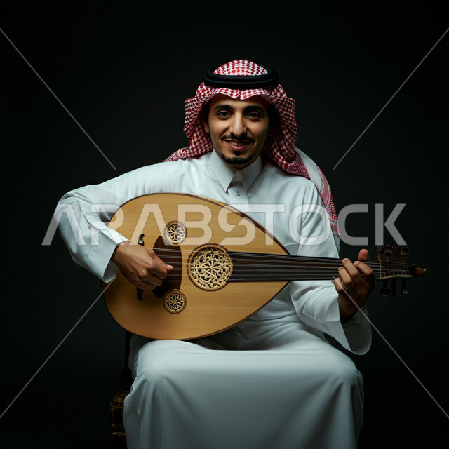Artist presenting programs, musical arts and theatrical art, musical artistic talents, close-up portrait of a Saudi Arabian Gulf man wearing traditional dress playing the oud, enjoying playing classical stringed instruments, a fun and singing session, practicing artistic hobbies, black background