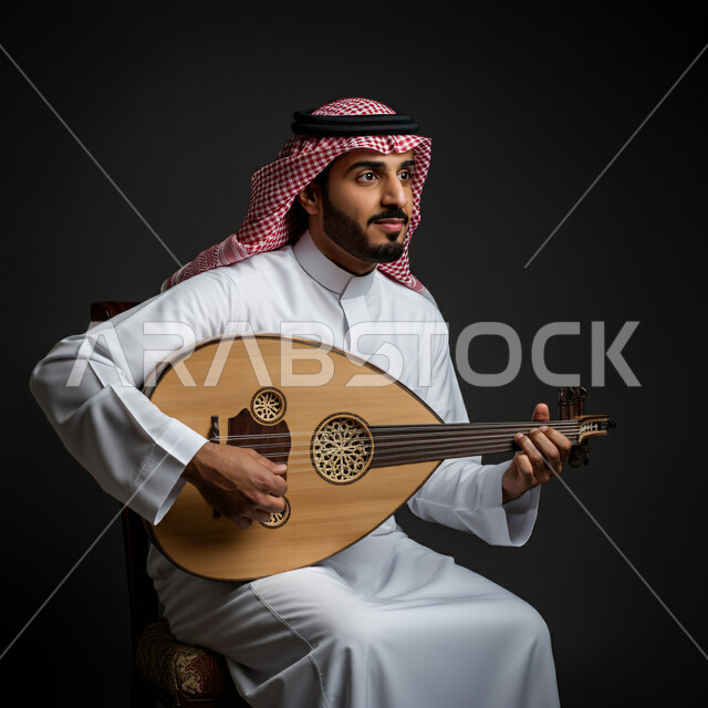  فنان يقدم البرامج والفنون الموسيقية والفن المسرحي، مواهب فنية موسيقية، بورتريه مقرب لرجل خليجي سعودي عربي يرتدي الزي التقليدي يعزف على الة العود، الإستمتاع بالعزف على الآلات الوترية الكلاسيكية، جلسة وناسة وطرب، ممارسة الهوايات الفنية، خلفية سوداء