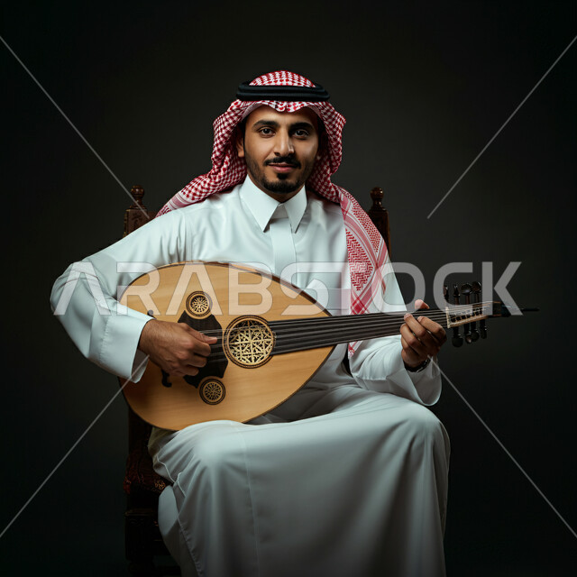  فنان يقدم البرامج والفنون الموسيقية والفن المسرحي، مواهب فنية موسيقية، بورتريه مقرب لرجل خليجي سعودي عربي يرتدي الزي التقليدي يعزف على الة العود، الإستمتاع بالعزف على الآلات الوترية الكلاسيكية، جلسة وناسة وطرب، ممارسة الهوايات الفنية، خلفية سوداء