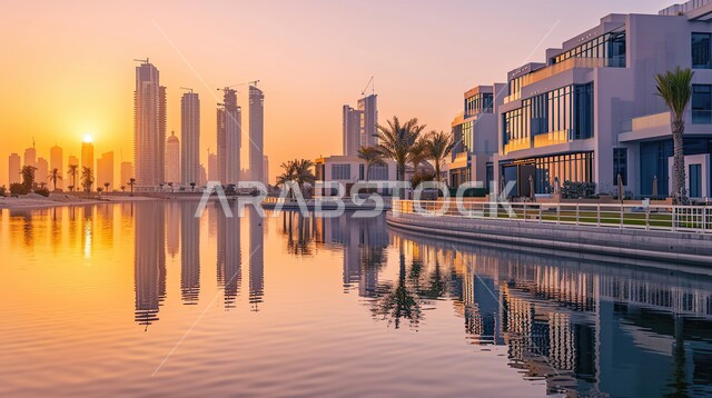 Modern designs for luxury seaside resorts, urban growth and progress in Saudi Arabia, modern architectural art of buildings and towers, view of villas and distinguished hotels at sunset in Saudi Arabia