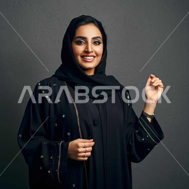 الاهتمام بالأناقة والمظهر الخارجي، مفهوم الأنوثة والنعومة, ملابس نسائية بتصاميم عصرية، بورتريه مقرب لامرأة عربية خليجية سعودية محجبة مبتسمة ترتدي عباءة تقليدية سوداء، النظر إلى الكاميرا بإيماءات الثقة بالنفس, خلفية سوداء