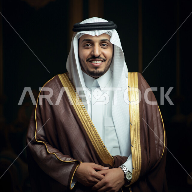  مفهوم الهيبة والرجولة، الاناقة والاهتمام بالمظهر الخارجي, بورتريه مقرب لرجل عربي خليجي سعودي يرتدي الزي الشعبي التقليدي ينظر الى الكميرا بتعابير السرور و الثقة بالنفس، خلفية سوداء