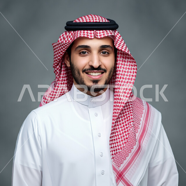 مفهوم الوسامة والرجولة، التقاط صور شخصية للوثائق الرسمية، الأناقة والاهتمام بالمظهر الخارجي، بورتريه مقرب لرجل عربي خليجي سعودي مبتسم يرتدي الشماغ والثوب التقليدي ينظر الى الكاميرا بتعابير السرور والثقة بالنفس، خلفية رمادية