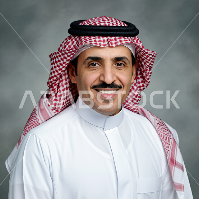 مفهوم الوسامة والرجولة، التقاط صور شخصية للوثائق الرسمية، الأناقة والاهتمام بالمظهر الخارجي، بورتريه مقرب لرجل عربي خليجي سعودي مبتسم يرتدي الشماغ والثوب التقليدي ينظر الى الكاميرا بتعابير السرور والثقة بالنفس، خلفية رمادية
