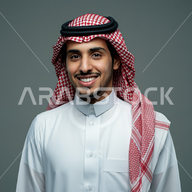 مفهوم الوسامة والرجولة، التقاط صور شخصية للوثائق الرسمية، الأناقة والاهتمام بالمظهر الخارجي، بورتريه مقرب لرجل عربي خليجي سعودي مبتسم يرتدي الشماغ والثوب التقليدي ينظر الى الكاميرا بتعابير السرور والثقة بالنفس، خلفية رمادية