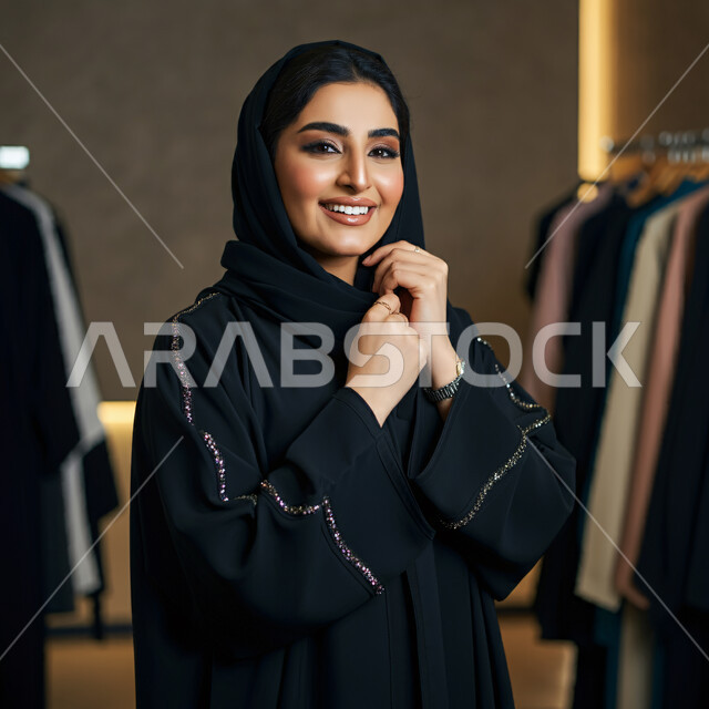 الاهتمام بالأناقة والمظهر الخارجي، مفهوم الأنوثة والنعومة, ملابس نسائية بتصاميم عصرية، صورة مقربة لامرأة عربية خليجية سعودية محجبة مبتسمة ترتدي عباءة تقليدية سوداء، النظر إلى الكاميرا بإيماءات الثقة بالنفس