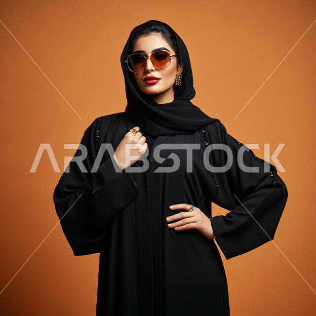 The concept of femininity, softness and self-confidence, interest in external appearance, modern and elegant veiled fashion, close-up portrait of a Saudi Arabian Gulf woman wearing an abaya and veil, putting her hand on her waist, orange background