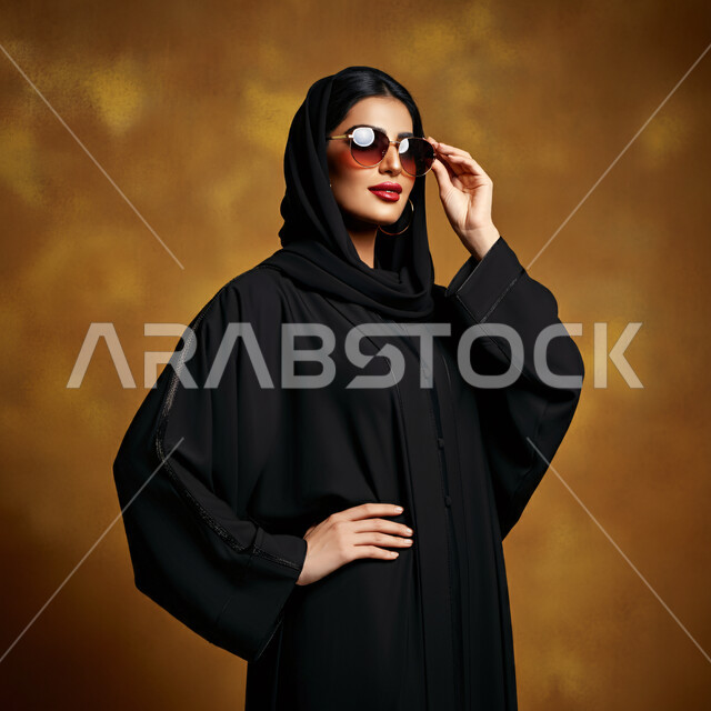 مفهوم الأنوثة والنعومة والثقة بالنفس، الاهتمام بالمظهر الخارجي، أزياء محجبات عصرية وأنيقة،  بورتريه مقرب لامرأة عربية خليجية سعودية ترتدي العباية والحجاب تضع يدها على خصرها، خلفية برتقالية 