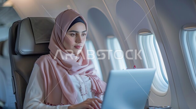 خطوط الطيران الجوية السعودية, متابعة اهداف ومهام العمل، مهن ووظائف نسائية، استخدام التقنيات والاجهزة الحديثة، سيدة أعمال عربية خليجية سعودية محجبة تقوم بإستخدام جهاز الحاسوب المحمول في الطائرة، دمج التكنولوجيا لمتابعة وتطوير الأعمال