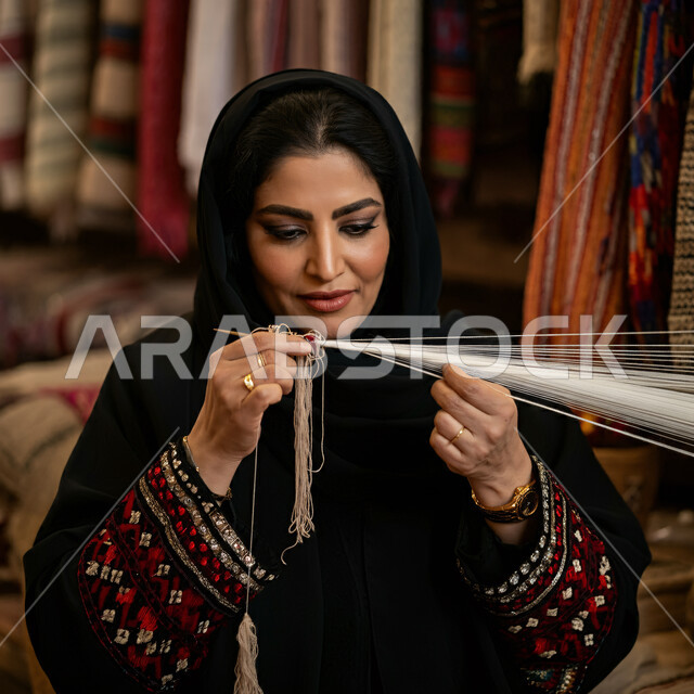دور النساء في الحفاظ على التراث الثقافي و توارثه بين الاجيال ,صورة مقربة لامرأة عربيه خليجية سعودية محجبة ترتدي العباءة السوداء تقوم بنسيج الخيوط الملونة ,مهن وحرف يدوية شعبية, تعابير الاهتمام والتركيز, ايماءات السعادة والسرور