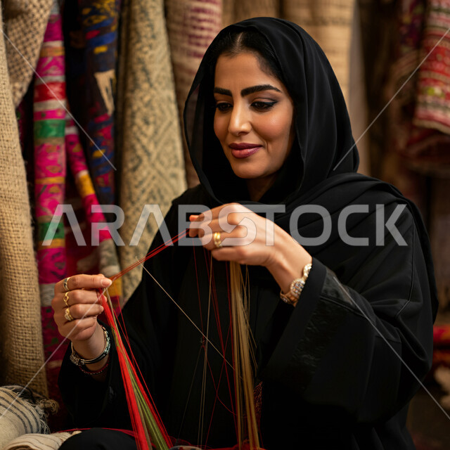 دور النساء في الحفاظ على التراث الثقافي و توارثه بين الاجيال ,صورة مقربة لامرأة عربيه خليجية سعودية محجبة ترتدي العباءة السوداء تقوم بنسيج الخيوط الملونة ,مهن وحرف يدوية شعبية, تعابير الاهتمام والتركيز, ايماءات السعادة والسرور