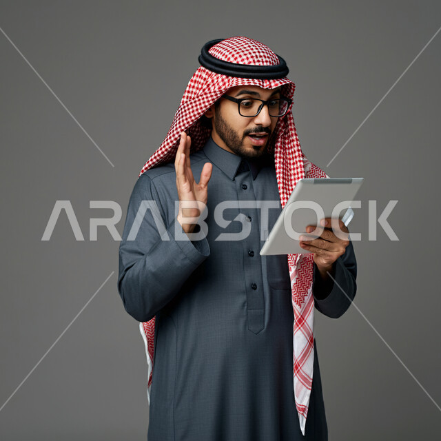 ايماءات تدل على التركيز لتحقيق أهداف الشركة، شركات ووظائف سعودية, إنجاز مهام العمل باستخدام جهاز التابليت, العمل في بيئة مريحة, مفهوم دمج العمل مع التقنية والتكنولوجيا, بورتريه لرجل خليجي يرتدي الثوب السعودي، خلفية رمادي