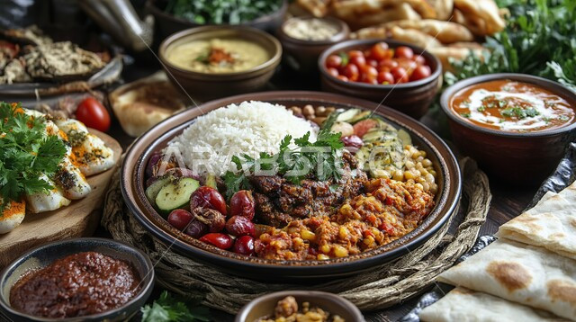 طبق من الارز مع الحمص الغني بنكهات التوابل المزين بالبقدونس, طعام صحي ووجبات خفيفه, المأكولات والوجبات الشرقية، مطابخ ومطاعم المملكة العربية السعودية، أكلات وأطباق شعبيه تقليدية، المقبلات الساخنة الشهية