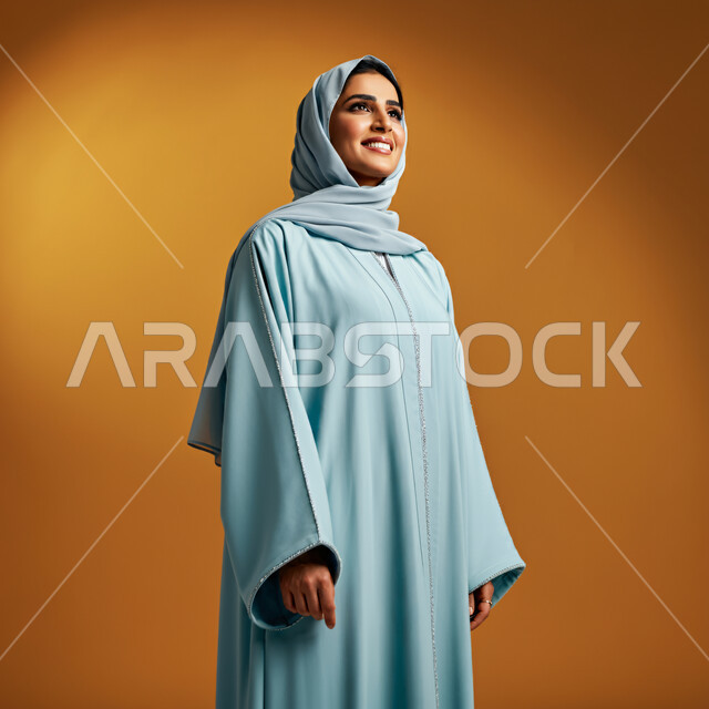 إيماءات الثقة بالنفس، الاهتمام بالمظهر الخارجي، مفهوم الانوثة والاناقة والنعومة، بورتريه لإمرأة عربية سعودية خليجية مبتسمة محجبة ترتدي العباءة الزرقاء تقف باستقامة وتنظر إلى الاعلى، صورة الجسم بالطول الكامل، خلفية صفراء