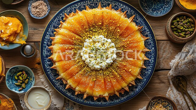 الحلويات العربية الشرقية، طبق من قالب البقلاوة اللذيذة المزينة بالفستق الحلبي والقشطة الشهية، منتجات محلية وطنية، الأساليب الفنية لتقديم الطعام في المملكة العربية السعودية، مأكولات غنية بالسكريات والسعرات الحرارية