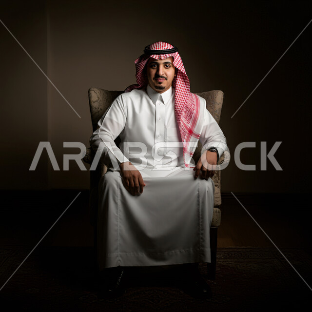 الاناقة والاهتمام بالمظهر الخارجي, بورتريه مقرب لرجل عربي خليجي سعودي يرتدي الزي الشعبي التقليدي ينظر الى الكميرا بتعابير السرور و الثقة بالنفس، مفهوم الهيبة والرجولة، خلفية سوداء