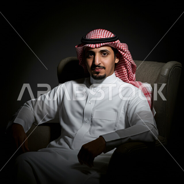 الاناقة والاهتمام بالمظهر الخارجي, بورتريه مقرب لرجل عربي خليجي سعودي يرتدي الزي الشعبي التقليدي ينظر الى الكميرا بتعابير السرور و الثقة بالنفس، مفهوم الهيبة والرجولة، خلفية سوداء