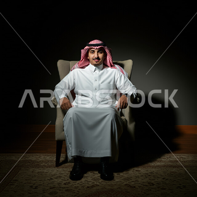 الاناقة والاهتمام بالمظهر الخارجي, بورتريه مقرب لرجل عربي خليجي سعودي يرتدي الزي الشعبي التقليدي ينظر الى الكميرا بتعابير السرور و الثقة بالنفس، مفهوم الهيبة والرجولة، خلفية سوداء