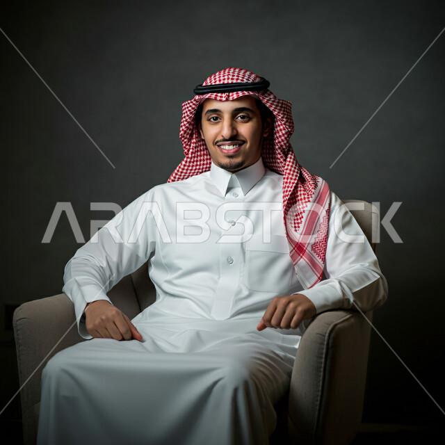 The concept of prestige and masculinity, elegance and interest in external appearance, close-up portrait of a Saudi Arabian Gulf man wearing traditional folk costume looking at the camera with expressions of pleasure and self-confidence, black background
