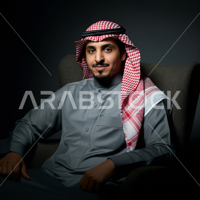 الاناقة والاهتمام بالمظهر الخارجي, بورتريه مقرب لرجل عربي خليجي سعودي يرتدي الزي الشعبي التقليدي ينظر الى الكميرا بتعابير السرور و الثقة بالنفس، مفهوم الهيبة والرجولة، خلفية سوداء