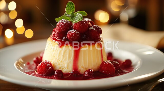 طبق من حلوى بودينغ المزين بالتوت البري، أطباق من الحلويات العربية الشرقية الشهية، فنون تقديم التحلية في مطاعم المملكة العربية السعودية، حلا بارد لذيذ، وصفات ونكهات متميزة، أكلات غنية بالسعرات الحرارية