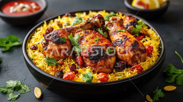 طبق من أرز الكبسة بالدجاج المحمر مزينة بحبات التمر, أطباق شرقية عربية, مطاعم الوصفات الخليجية المشهورة, فن تقديم الطعام الشعبي في المملكة العربية السعودية, مأكولات وطنية محلية تقليدية