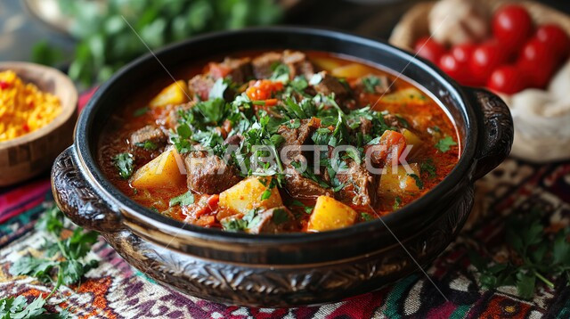 مطاعم للمأكولات العربية الشرقية في المملكة العربية السعودية, أطعمة غذائية غنية بالبروتين، صورة مقربة لطبق من اللحم مع الخضار المطبوخة, وجبة صحية ذات قيمة عالية, وصفات المطبخ السعودي الغني بالنكهات, اللحوم البقرية المطبوخة الشهية