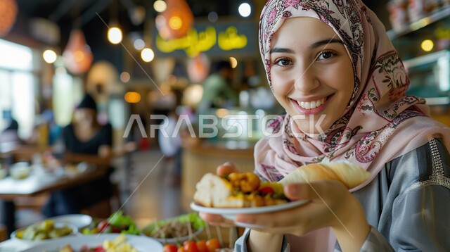 وجبات صحية ذات قيمة عالية، صورة مقربة لإمراة عربية خليجية سعودية محجبة تمسك بيدها طبق من الخضار والخبز تنظر الى الكاميرا بايماءات السعادة والسرور، إعداد السلطات والأطباق الصحية، مطاعم للمأكولات و المقبلات الشرقية