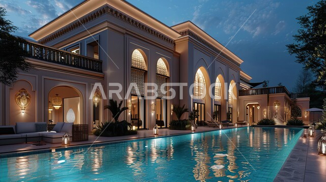 الديكورات الحديثة لبيت فاخر مع مسبح في حديقة المنزل، شاليهات و فلل في المملكة العربية السعودية, التصاميم العصرية الراقية على الطراز الحديث, حوض السباحة الأزرق في الجلسات الصيفية