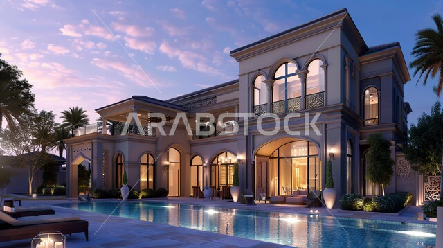 الديكورات الحديثة لبيت فاخر مع مسبح في حديقة المنزل، شاليهات و فلل في المملكة العربية السعودية, التصاميم العصرية الراقية على الطراز الحديث, حوض السباحة الأزرق في الجلسات الصيفية