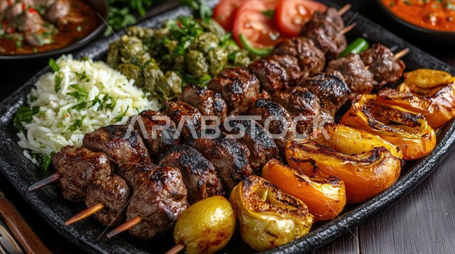 وصفات وأطباق متميزة في مطابخ المملكة العربية السعودية، الوجبات الصحية المفيدة, المأكولات العربية الشرقية الشهية, صورة مقربة لأسياخ لحم مشوية مع الأرز والخضار الشهية، فنون تقديم الطعام في مطاعم الأكلات السريعة، الأطعمة الغنية بالبروتين