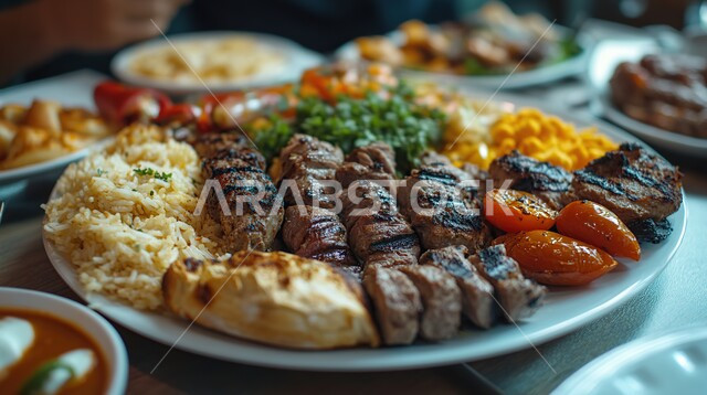 الأطعمة الغنية بالبروتين، وصفات وأطباق متميزة في مطابخ المملكة العربية السعودية، الوجبات الصحية المفيدة, المأكولات العربية الشرقية الشهية, صورة مقربة لقطع اللحم المشوية مع الأرز والخضار الشهية، فنون تقديم الطعام في مطاعم الأكلات السريعة