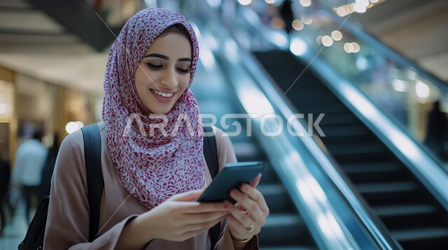 Using modern and advanced devices and technologies, browsing websites and social networking, taking advantage of seasonal offers and discounts in markets, a close-up of a smiling veiled Saudi Arabian Gulf woman using a mobile phone while shopping inside the mall, buying gifts and supplies