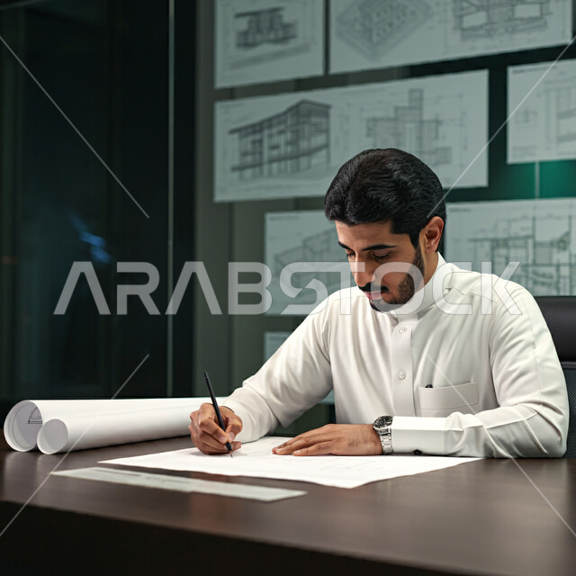 تدقيق ومراجعة المخططات الإنشائية, صورة مقربة لمهندس عربي خليجي سعودي يرتدي الثوب التقليدي يجلس في المكتب, إدارة المشاريع الهندسية, مهن ووظائف سعودية, العمل في القطاع الهندسي